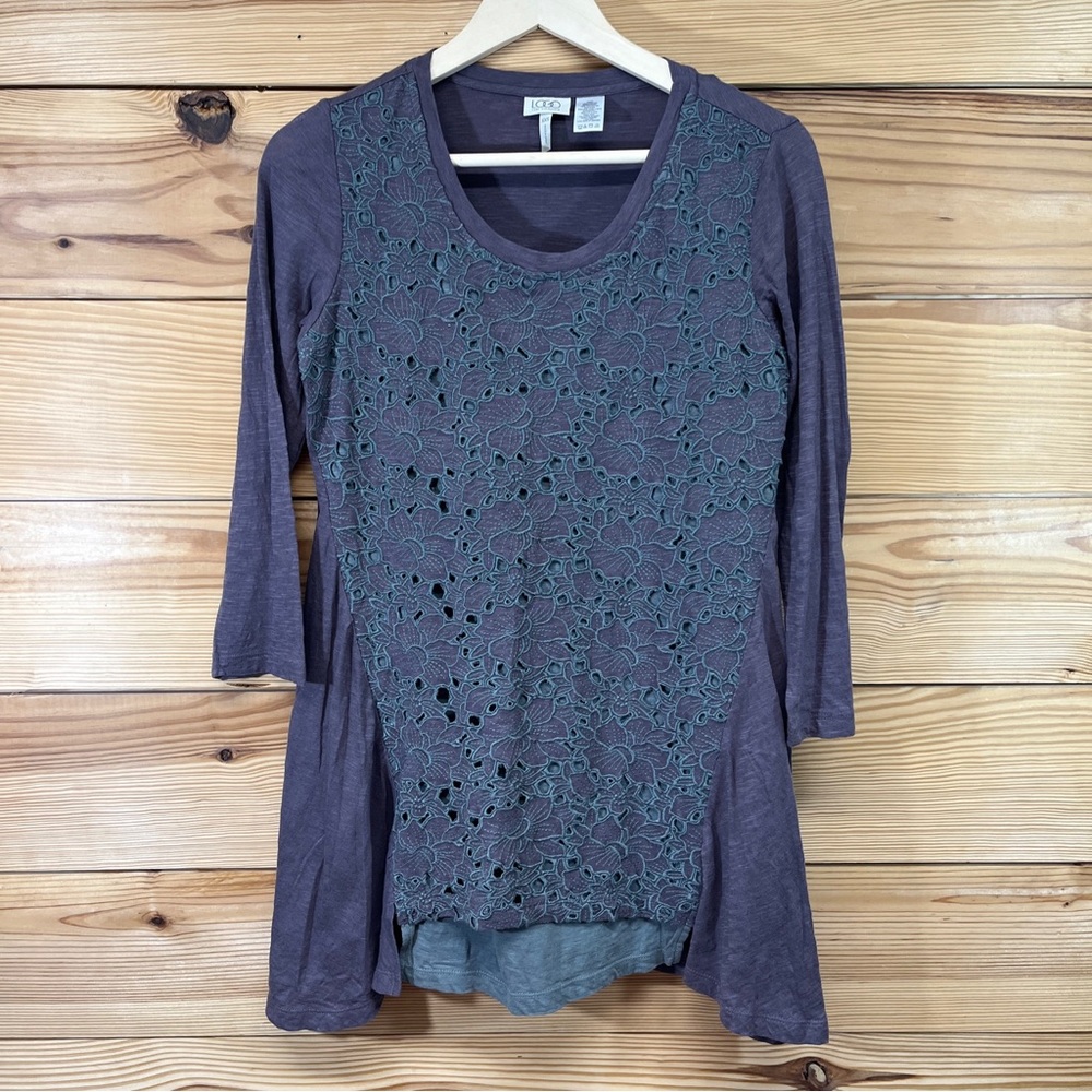 LOGO Lori Goldstein Shirt XXS A279027 Purple Swing Gray Embroidered 3/4 Sleeve